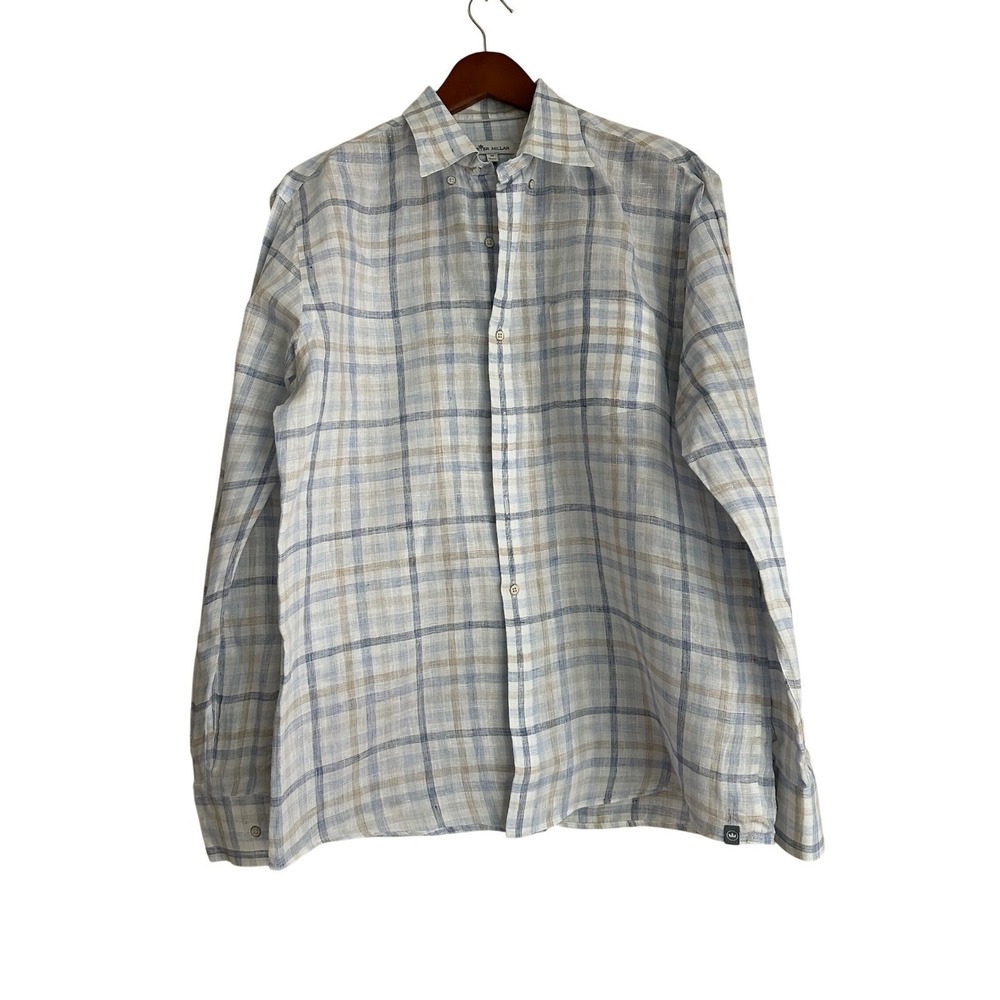 Peter Millar Mens Plaid Long Sleeve Button Down Shirt 100% Linen Size M